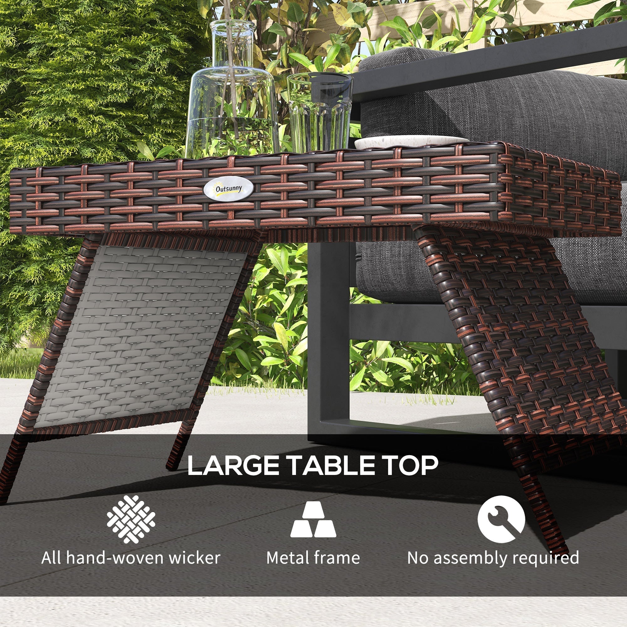 Brown and black hand-woven wicker patio table with galvanised steel frame 60l x 41w perfect for outdoor use