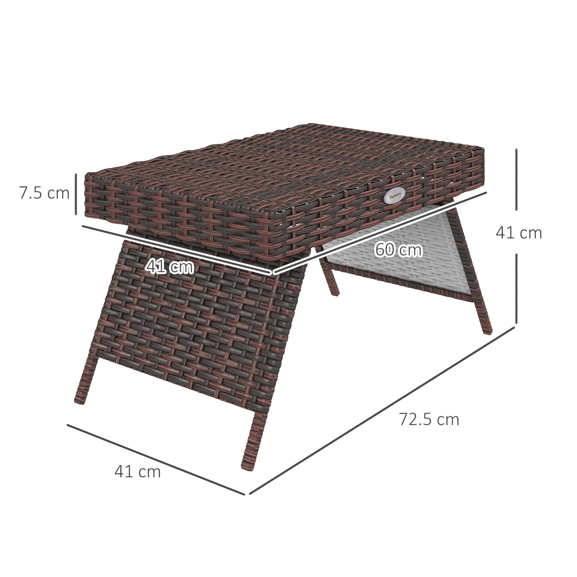 Brown woven rattan foldable outdoor side table with galvanized steel frame and gray mesh shelf 60l x 41w cm