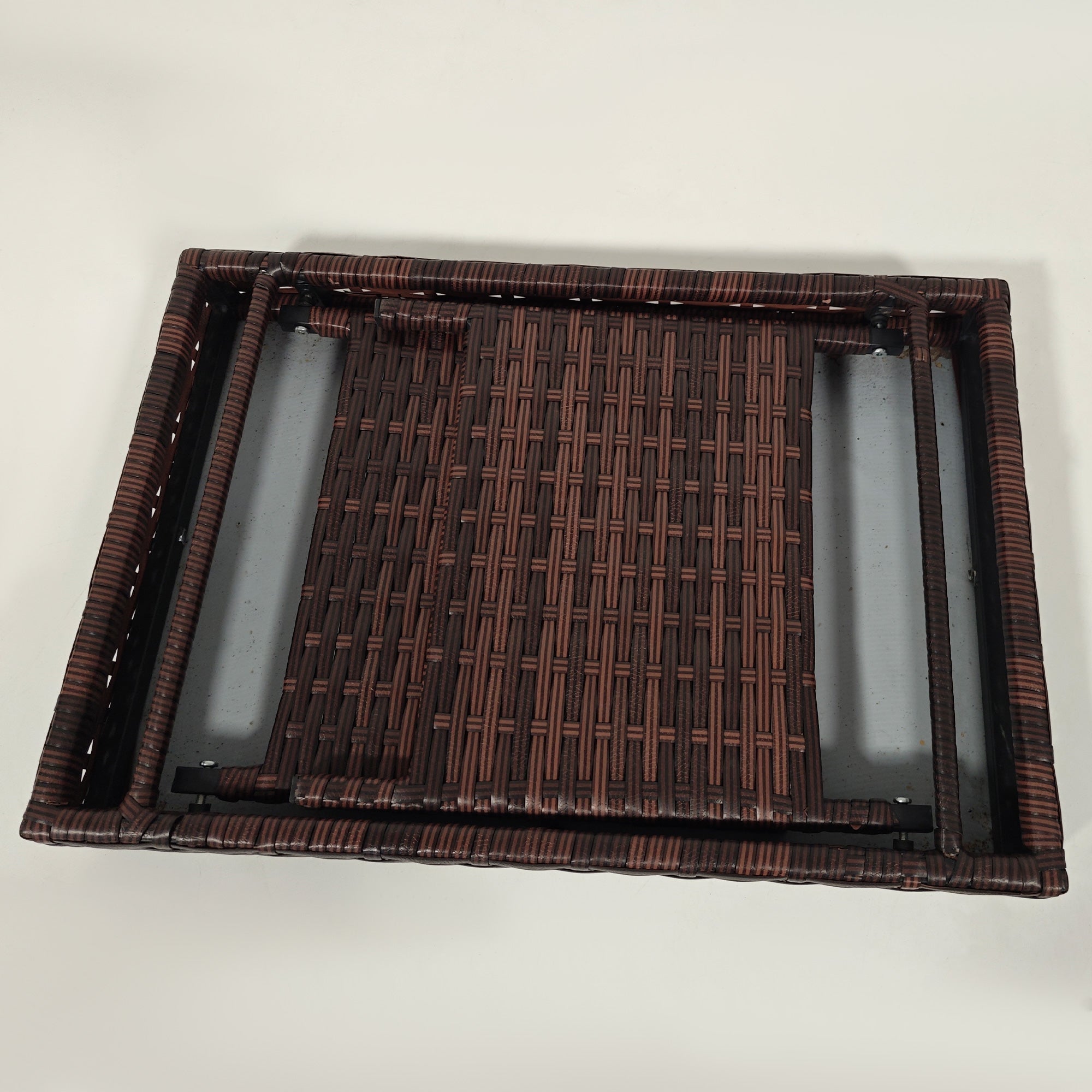Brown woven rattan tray with galvanised steel frame and visible metal support for outsunny foldable outdoor side table 60l x 41w