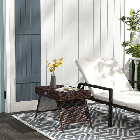 Brown woven wicker foldable outdoor side table with galvanised steel frame 60l x 41w with gray vase and white cup