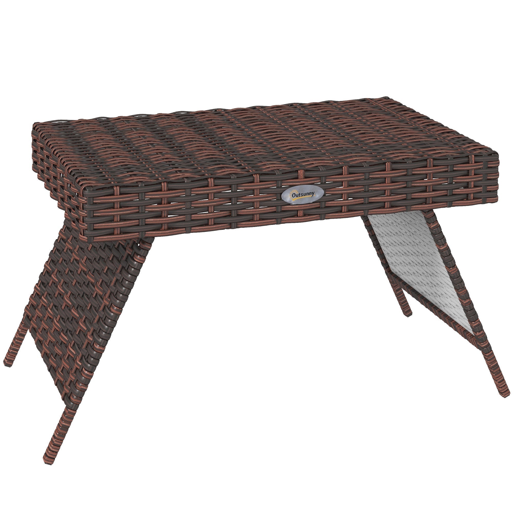 Brown woven wicker foldable outdoor side table with galvanised steel frame and sturdy legs 60l x 41w cm