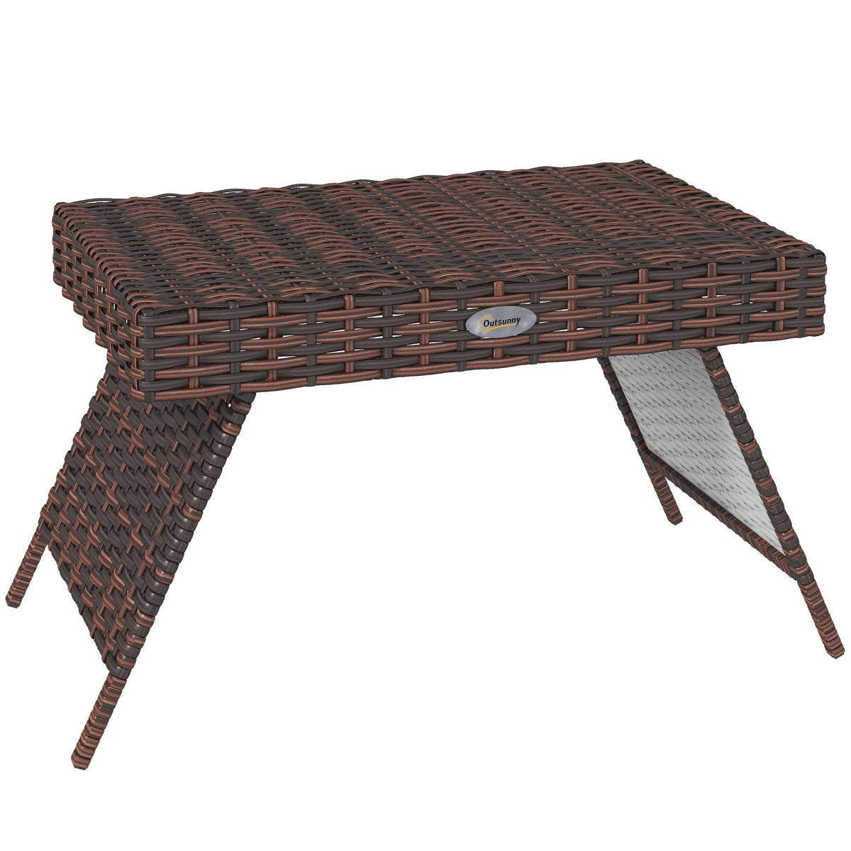 Brown woven wicker foldable outdoor side table with galvanised steel frame and sturdy legs 60l x 41w cm