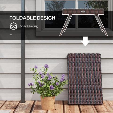 Brown woven resin outdoor side table with foldable design and galvanised steel frame 60l x 41w for patio use