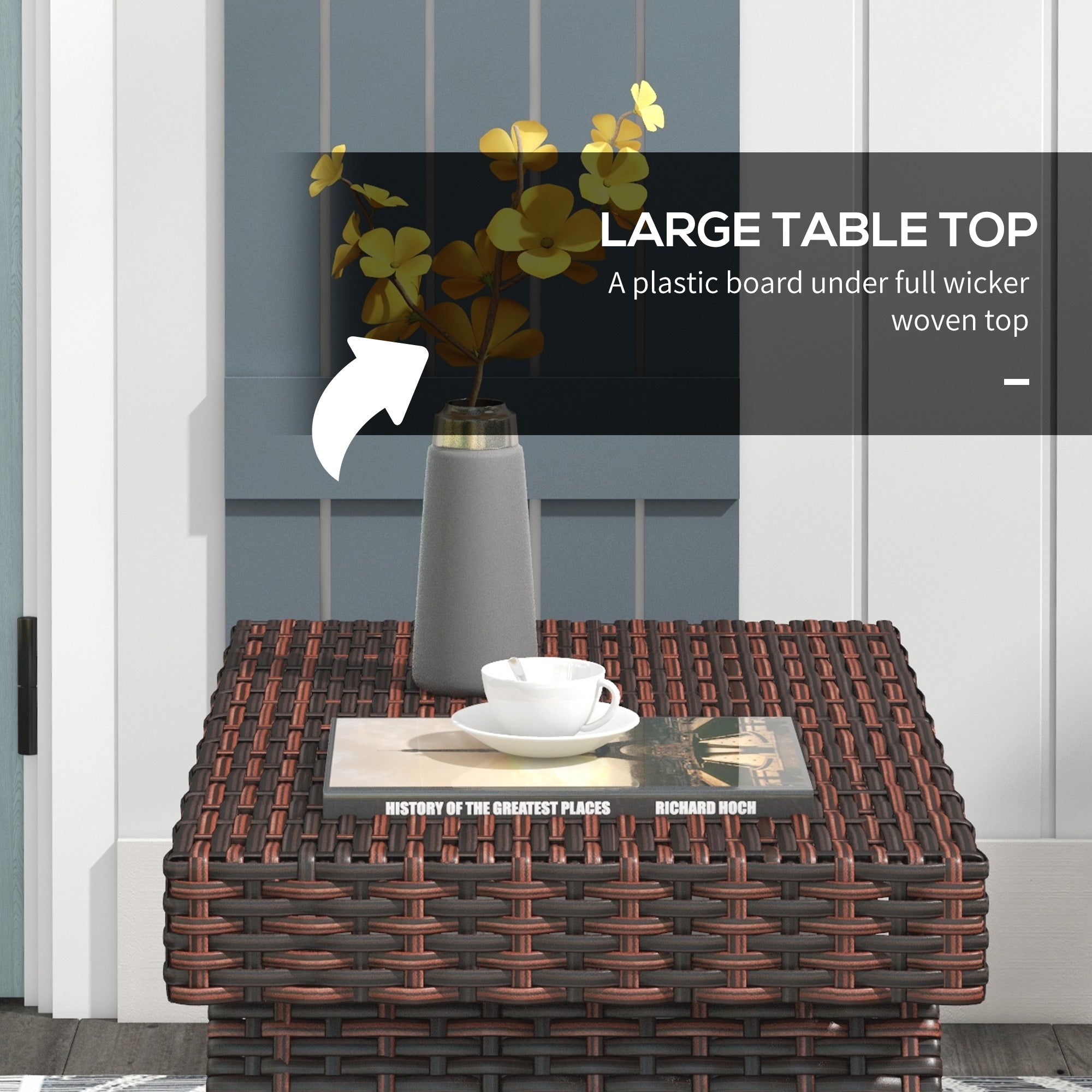 Brown outsunny foldable outdoor side table with woven wicker top steel frame and galvanised steel board 60l x 41w cm