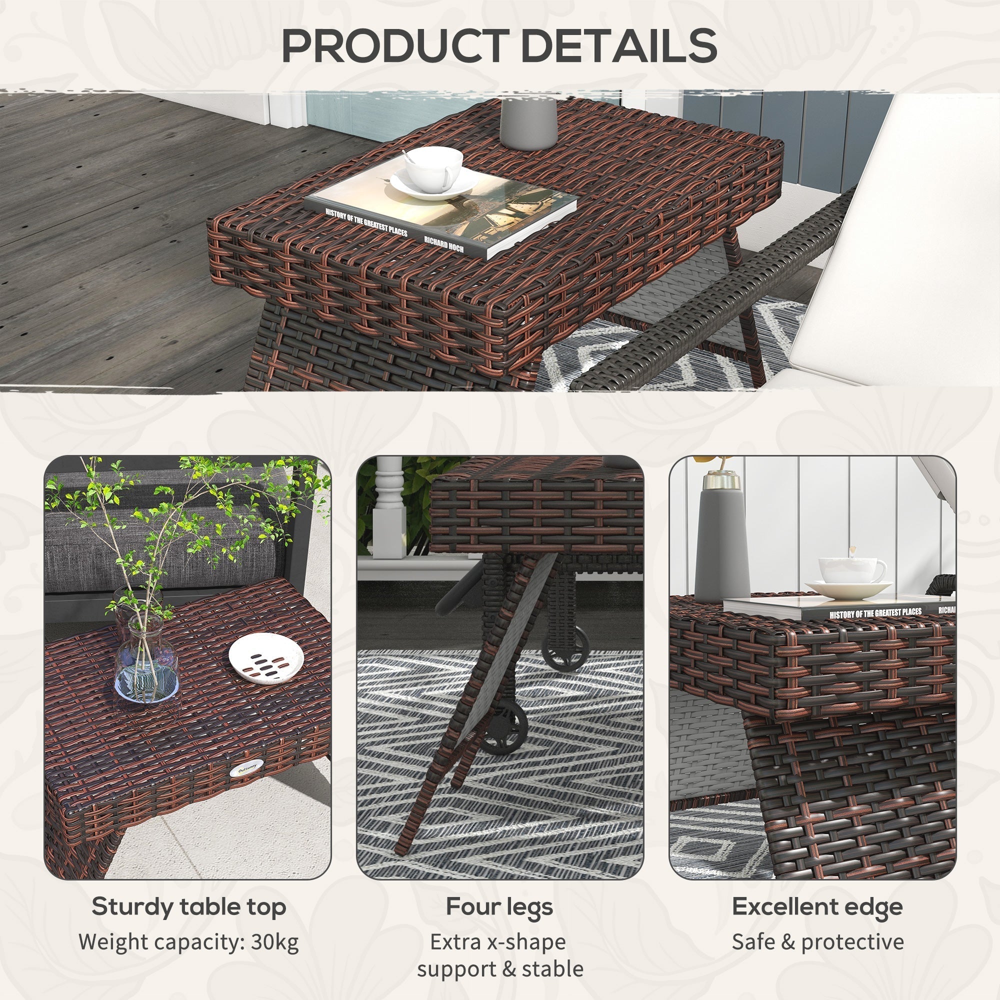 Brown woven wicker outsunny foldable outdoor side table with galvanised steel frame and sturdy textured surface 60l x 41w cm
