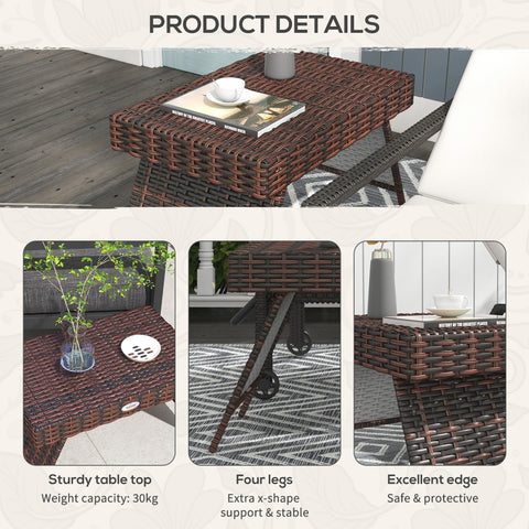 Brown woven wicker outsunny foldable outdoor side table with galvanised steel frame and sturdy textured surface 60l x 41w cm