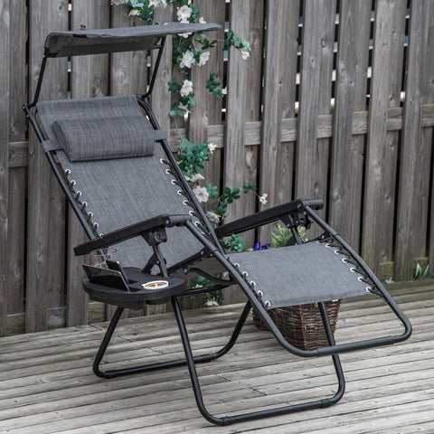 Outsunny foldable reclining garden chair in light grey fabric with black frame canopy footrest and cup holder for outdoor use
