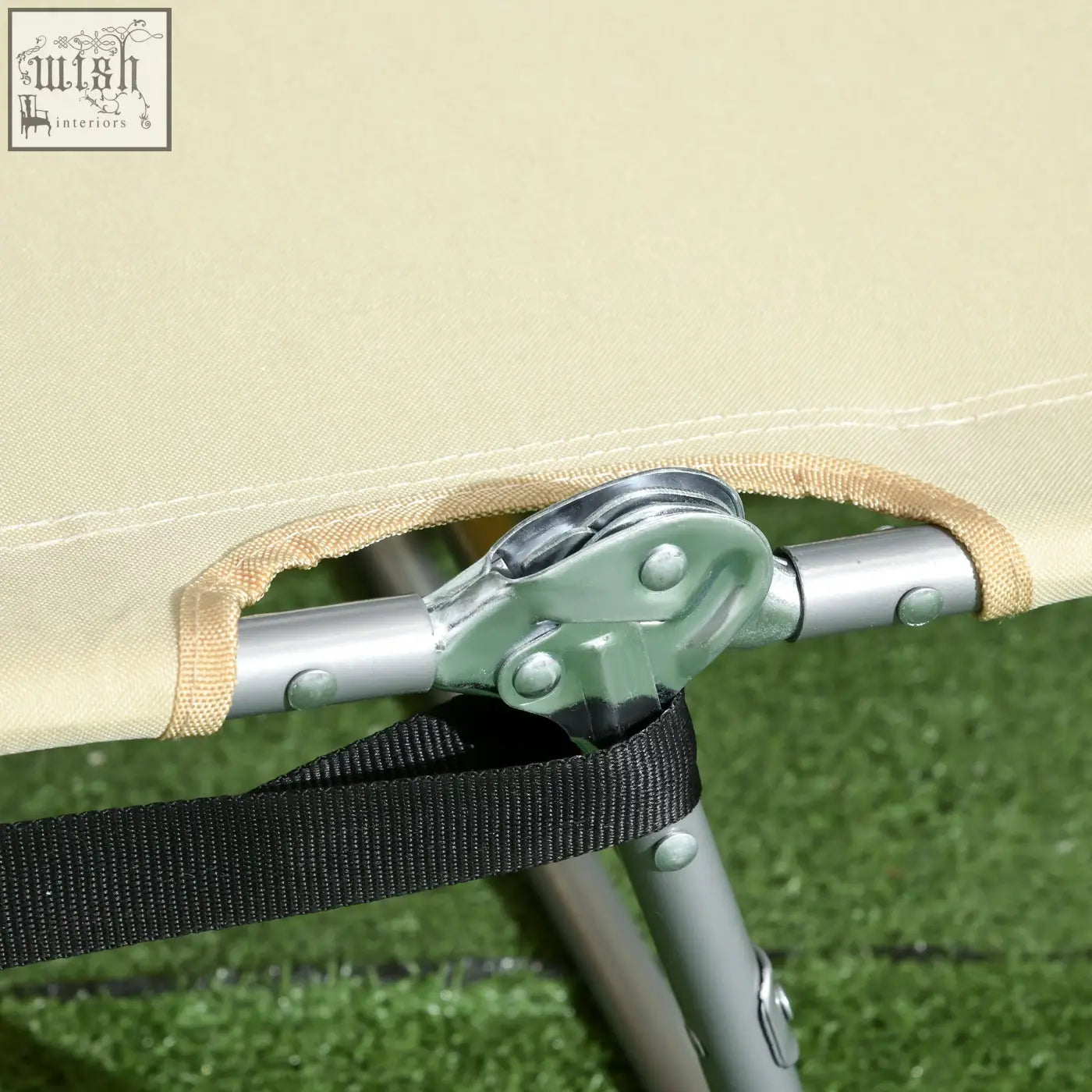 Beige canvas foldable sun lounger with powder coated steel frame and adjustable legs for beach or garden use