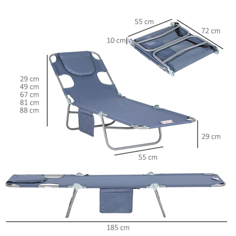 Blue foldable sun lounger with powder coated steel frame and adjustable headrest for beach and garden use