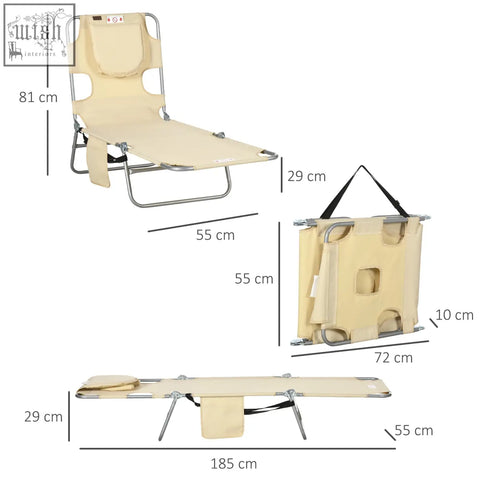 Beige foldable sun lounger with powder coated steel frame, side pockets, and adjustable backrest for beach or patio use