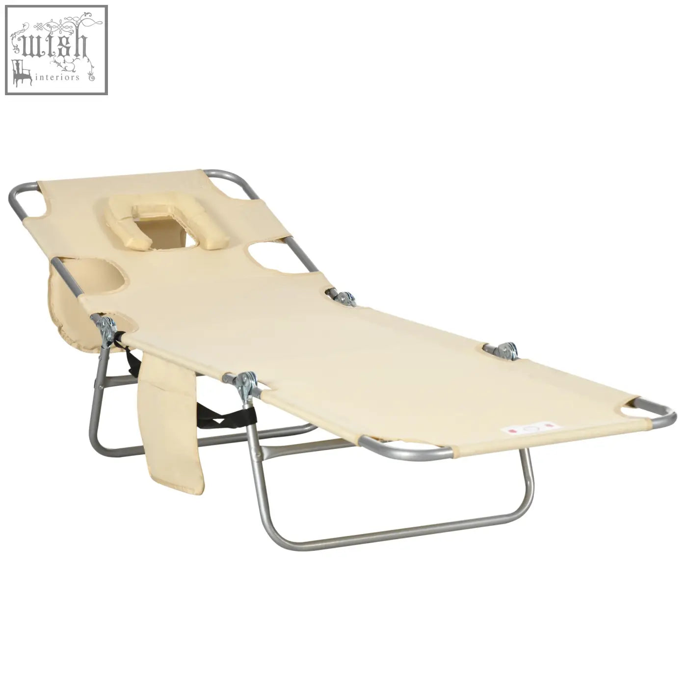 Beige fabric foldable sun lounger with powder coated steel frame, headrest cutout, and adjustable backrest for outdoors