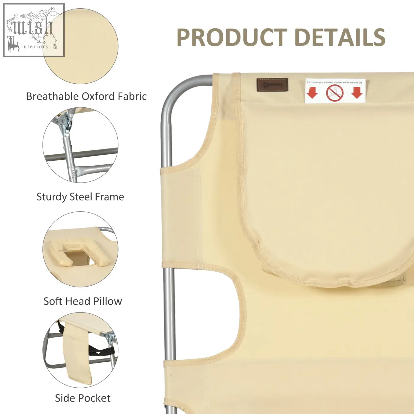 Beige foldable sun lounger with breathable oxford fabric and powder coated steel frame for outdoor use