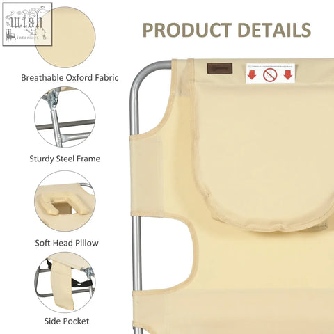 Beige foldable sun lounger with breathable oxford fabric and powder coated steel frame for outdoor use