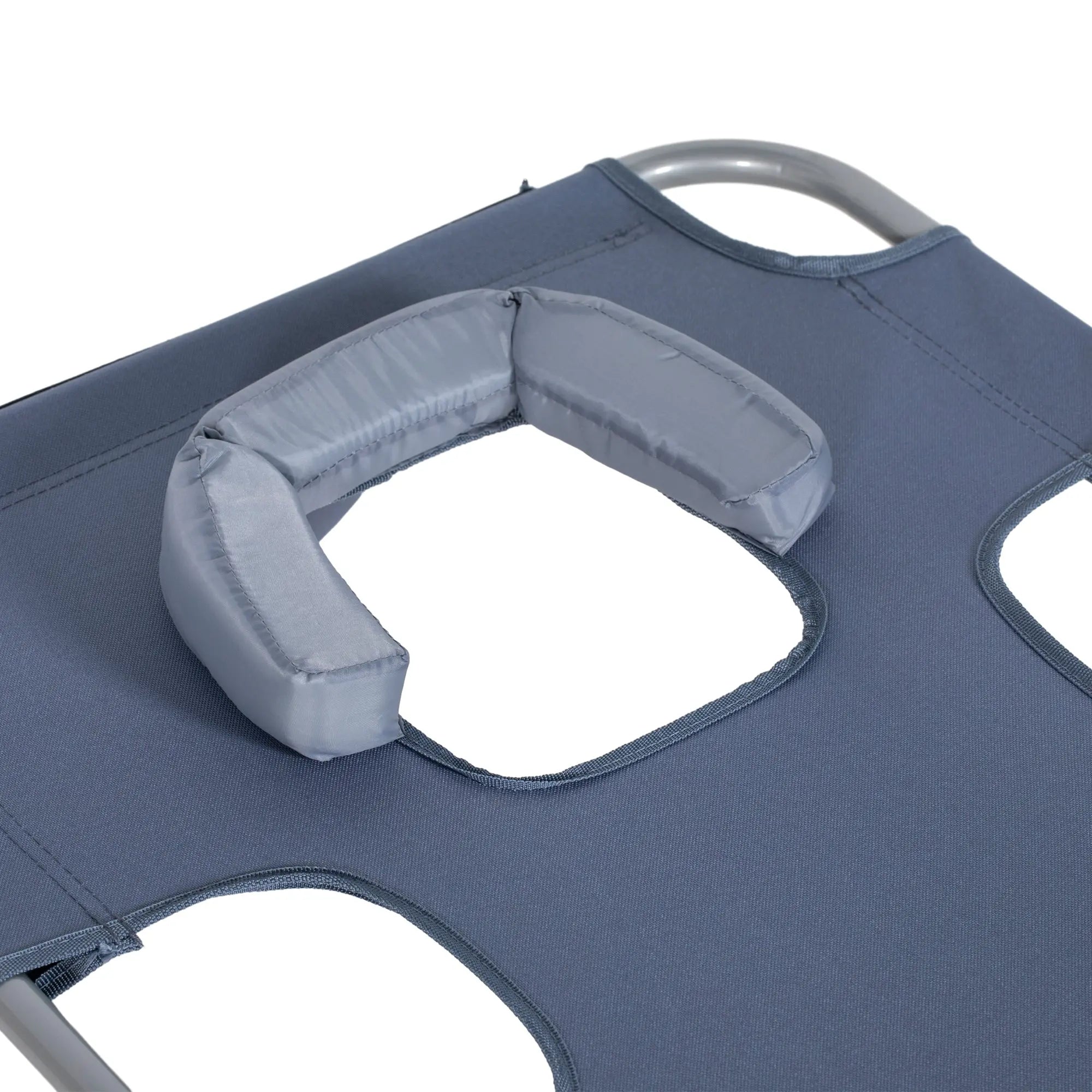 Gray padded neck support on foldable sun lounger with powder coated steel frame for beach and patio use