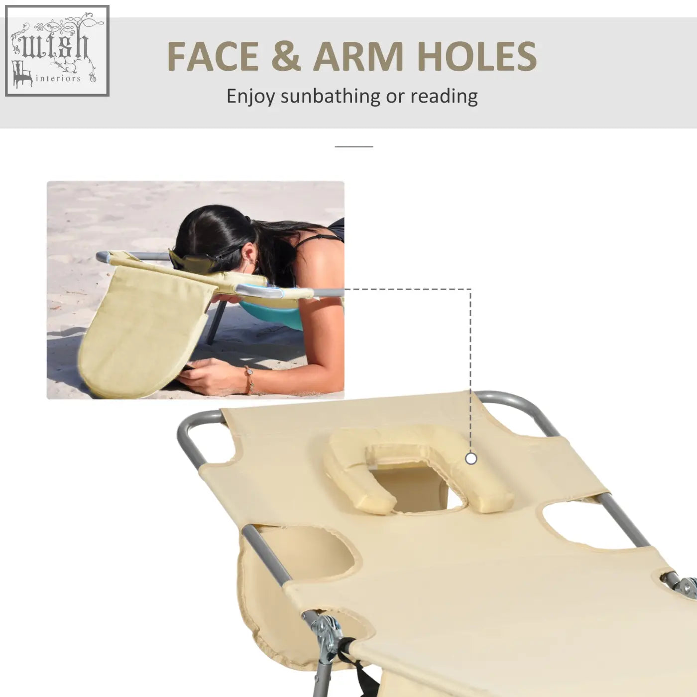 Beige fabric foldable sun lounger with face and arm holes, powder coated steel frame for beach and patio use