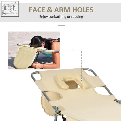 Beige fabric foldable sun lounger with face and arm holes, powder coated steel frame for beach and patio use
