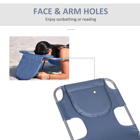 Blue foldable sun lounger with powder coated steel frame face and arm holes for sunbathing or reading