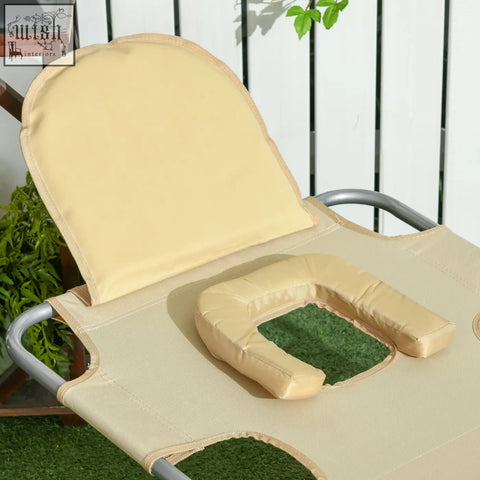 Beige cushioned chair pad with matching neck support for outsunny foldable sun lounger with powder coated steel frame