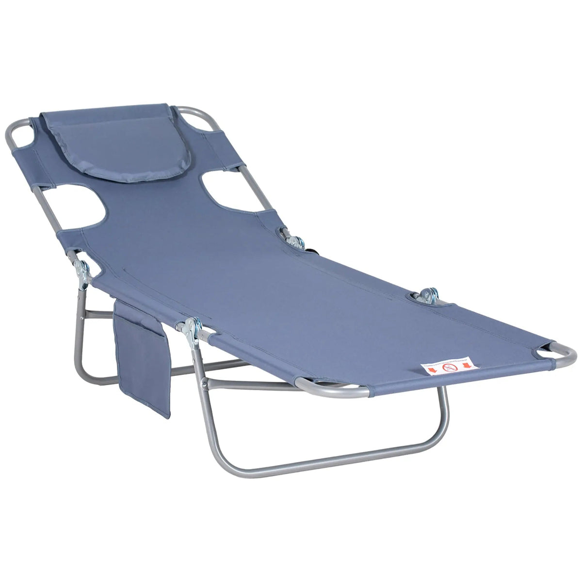 Blue foldable sun lounger with powder coated steel frame and side pocket for patio garden and beach use