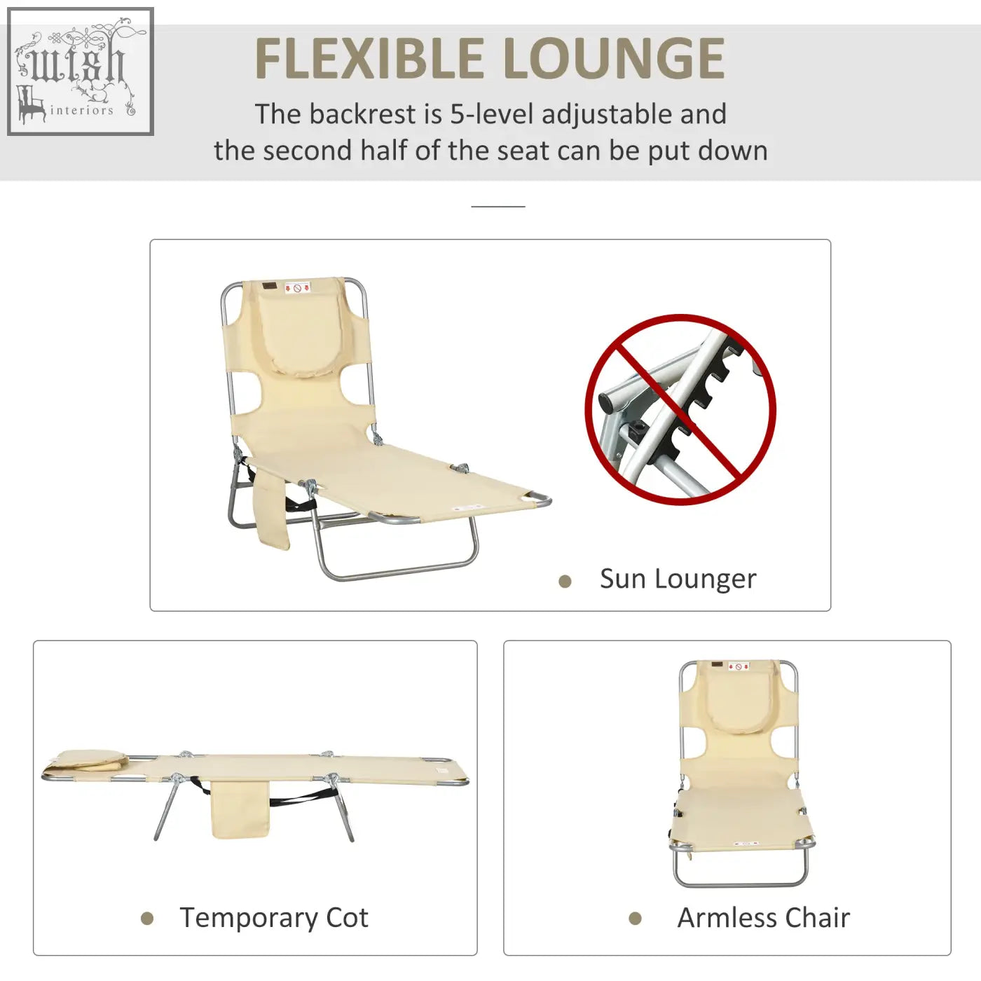 Beige foldable sun lounger with powder coated steel frame and 5-level adjustable backrest for patio and beach use