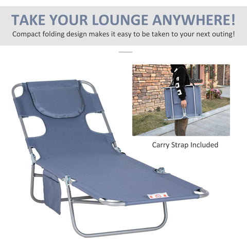 Blue fabric foldable sun lounger with powder coated steel frame and adjustable backrest for patio and beach use