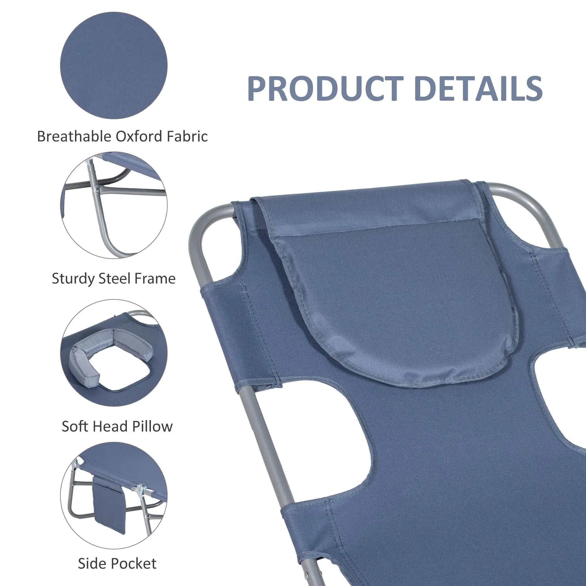 Blue foldable sun lounger with breathable oxford fabric powder coated steel frame and soft head pillow for outdoor use
