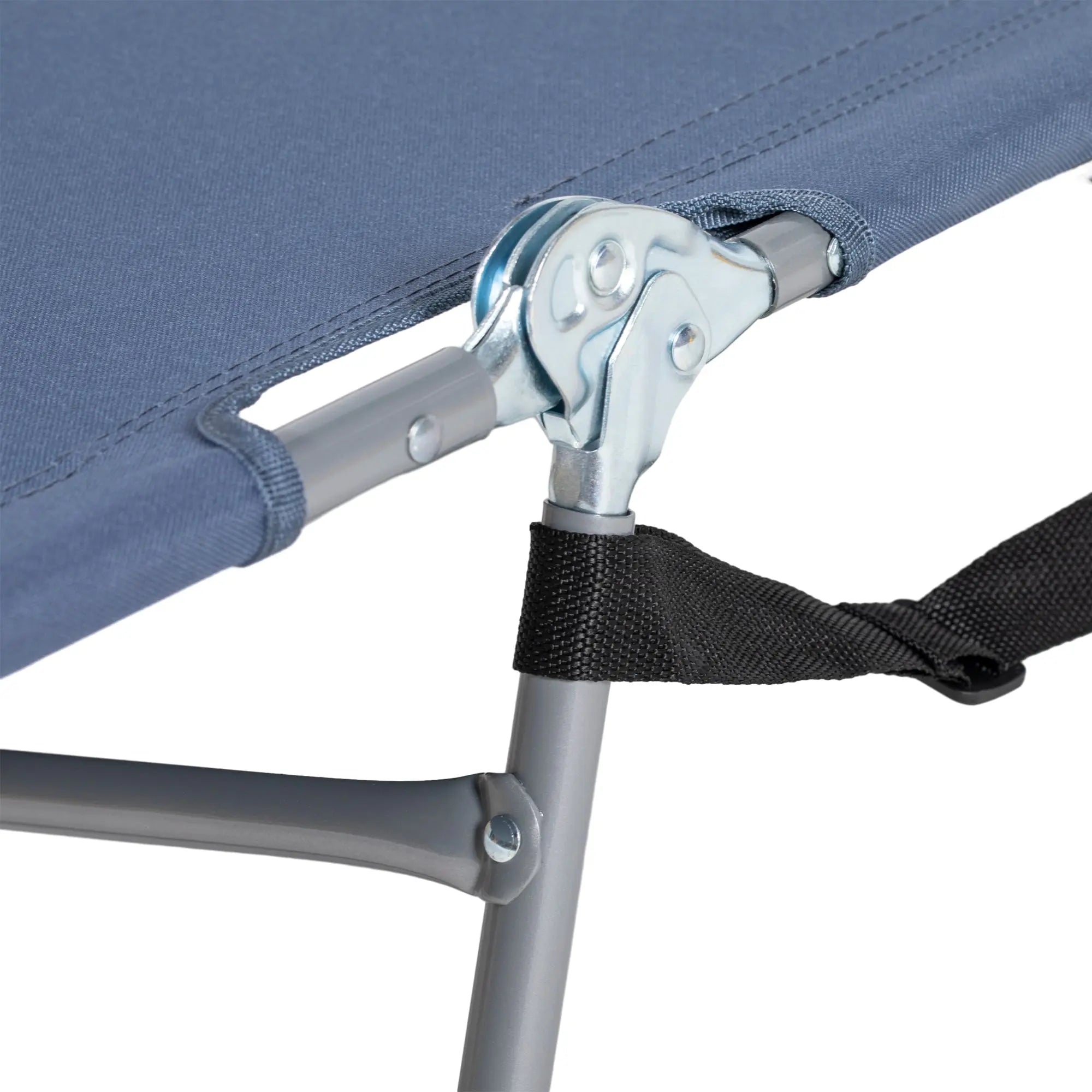 Blue canvas camping cot with silver powder coated steel frame and adjustable joint in a foldable sun lounger style