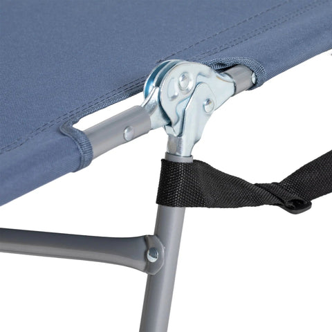 Blue canvas camping cot with silver powder coated steel frame and adjustable joint in a foldable sun lounger style