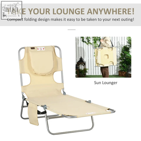 Beige outsunny foldable sun lounger with powder coated steel frame and adjustable backrest for patio or beach use