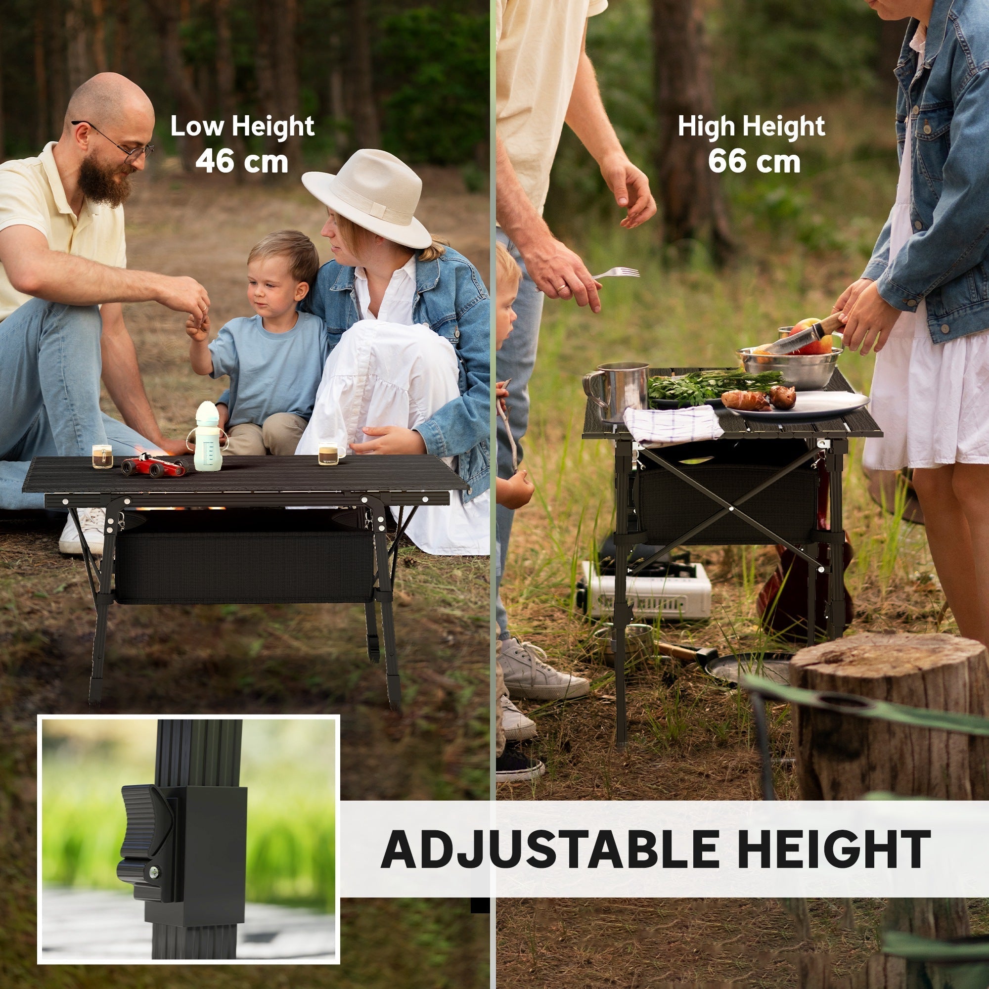 Black outsunny camping table with adjustable height, oxford cloth storage basket, lightweight aluminium rollup design