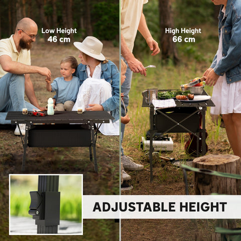 Black outsunny camping table with adjustable height, oxford cloth storage basket, lightweight aluminium rollup design