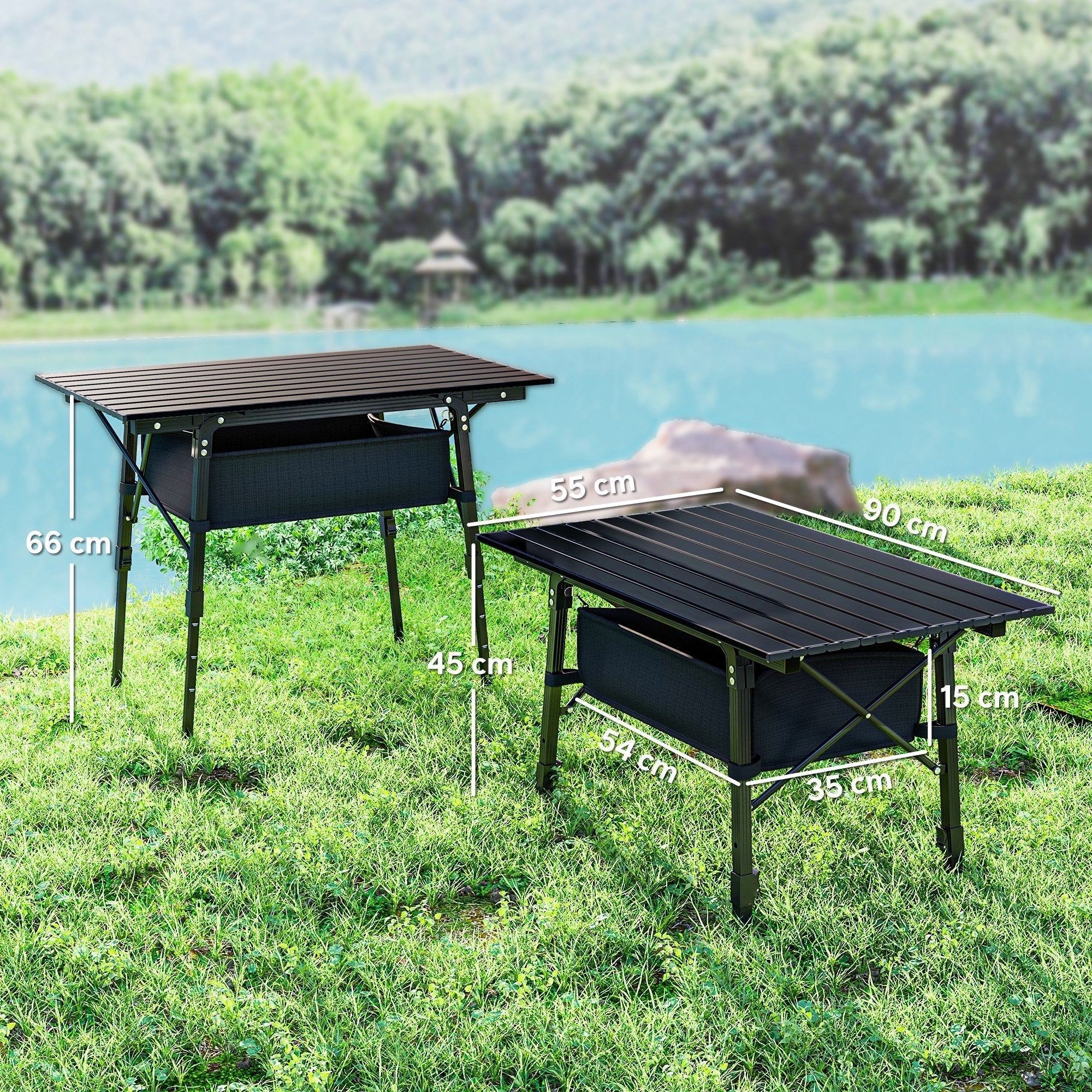 Black Outsunny foldable camping table with slatted top, oxford cloth storage basket, adjustable height, lightweight aluminum frame