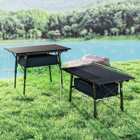 Black Outsunny foldable camping table with slatted top, oxford cloth storage basket, adjustable height, lightweight aluminum frame