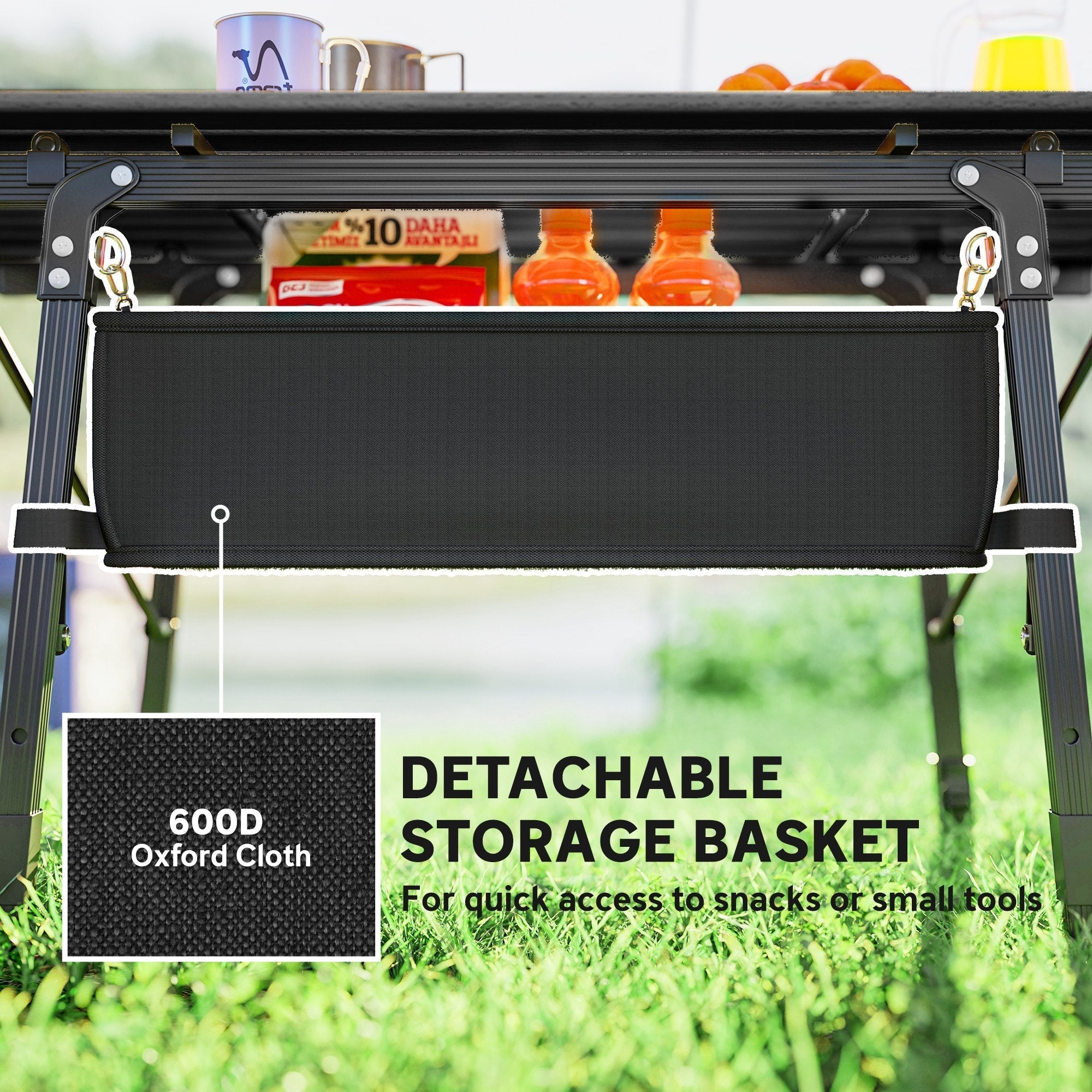 Black oxford cloth storage basket detachable from outsunny folding camping table for quick snack or tool access