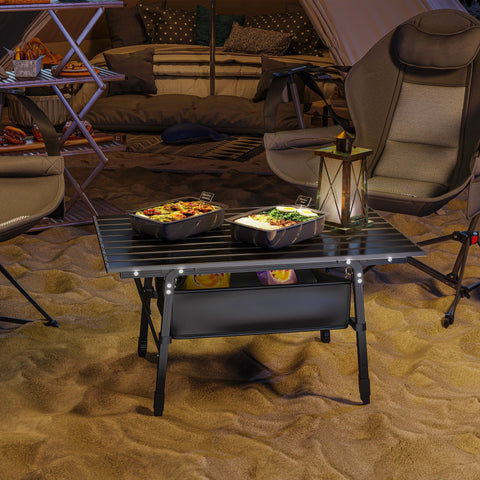 Black outsunny foldable camping table with led lights oxford cloth storage basket lightweight aluminum for outdoor use