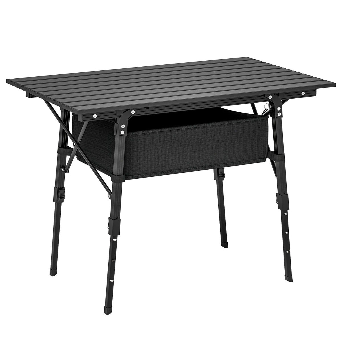 Black outsunny camping table with adjustable height, aluminum slatted top, and oxford cloth storage basket for outdoor use