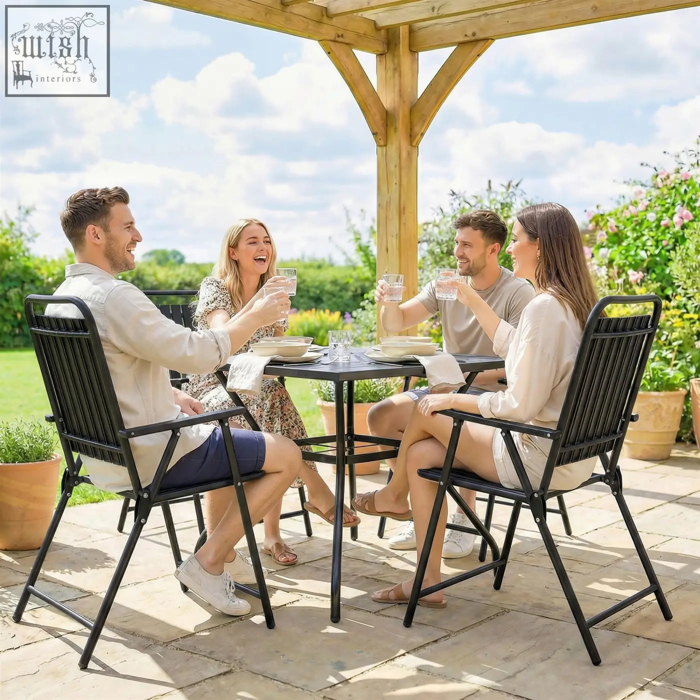 Black outsunny folding garden chairs with slatted plastic backrests armrests and steel frame set of 4