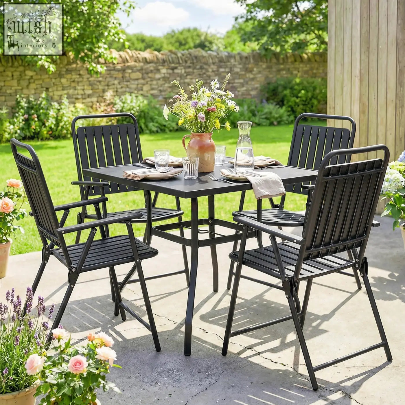 Black outsunny folding garden chairs set of 4 with plastic slatted seat back armrests steel frame for outdoor use