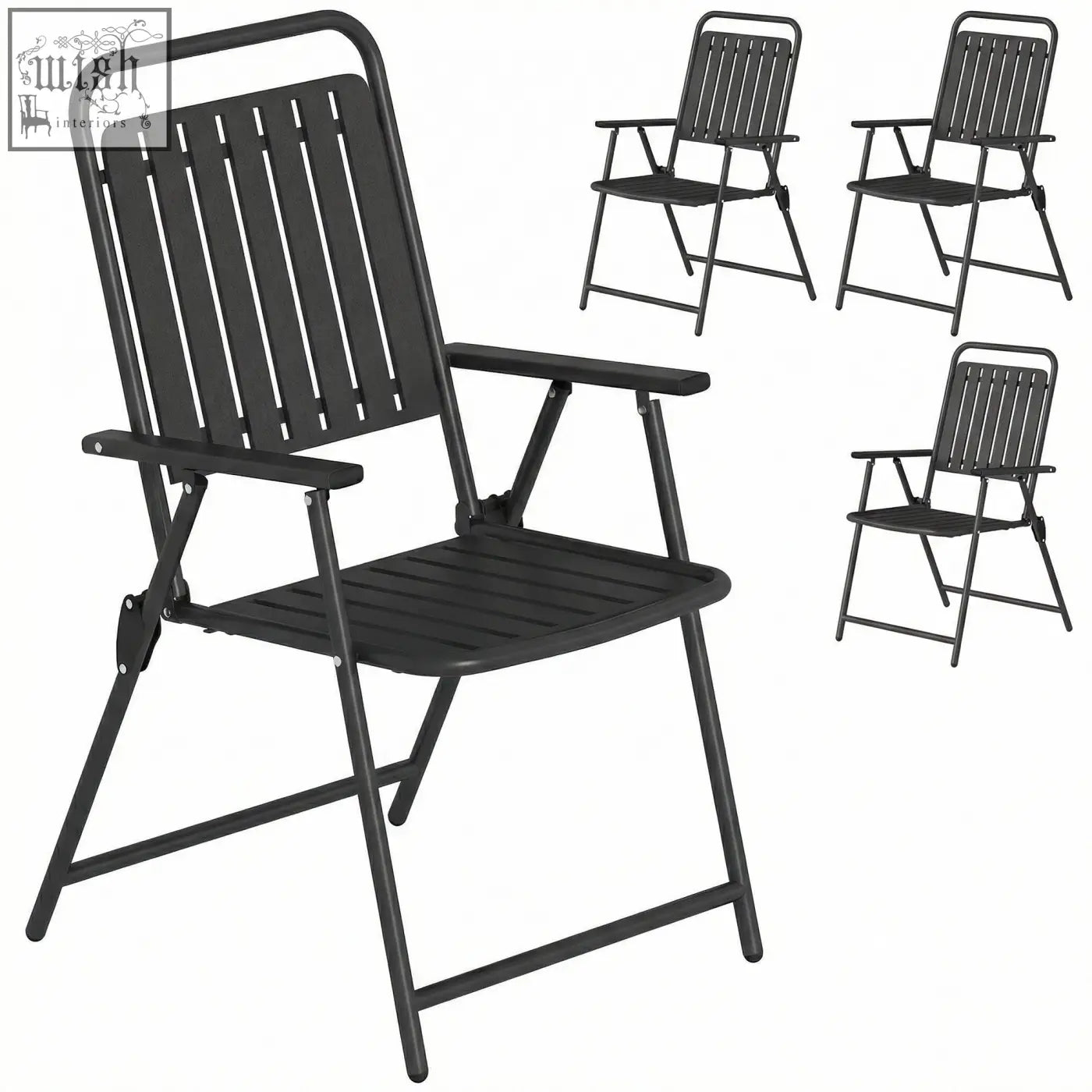 Black folding outsunny folding garden chair with slatted metal frame and armrests for outdoor use