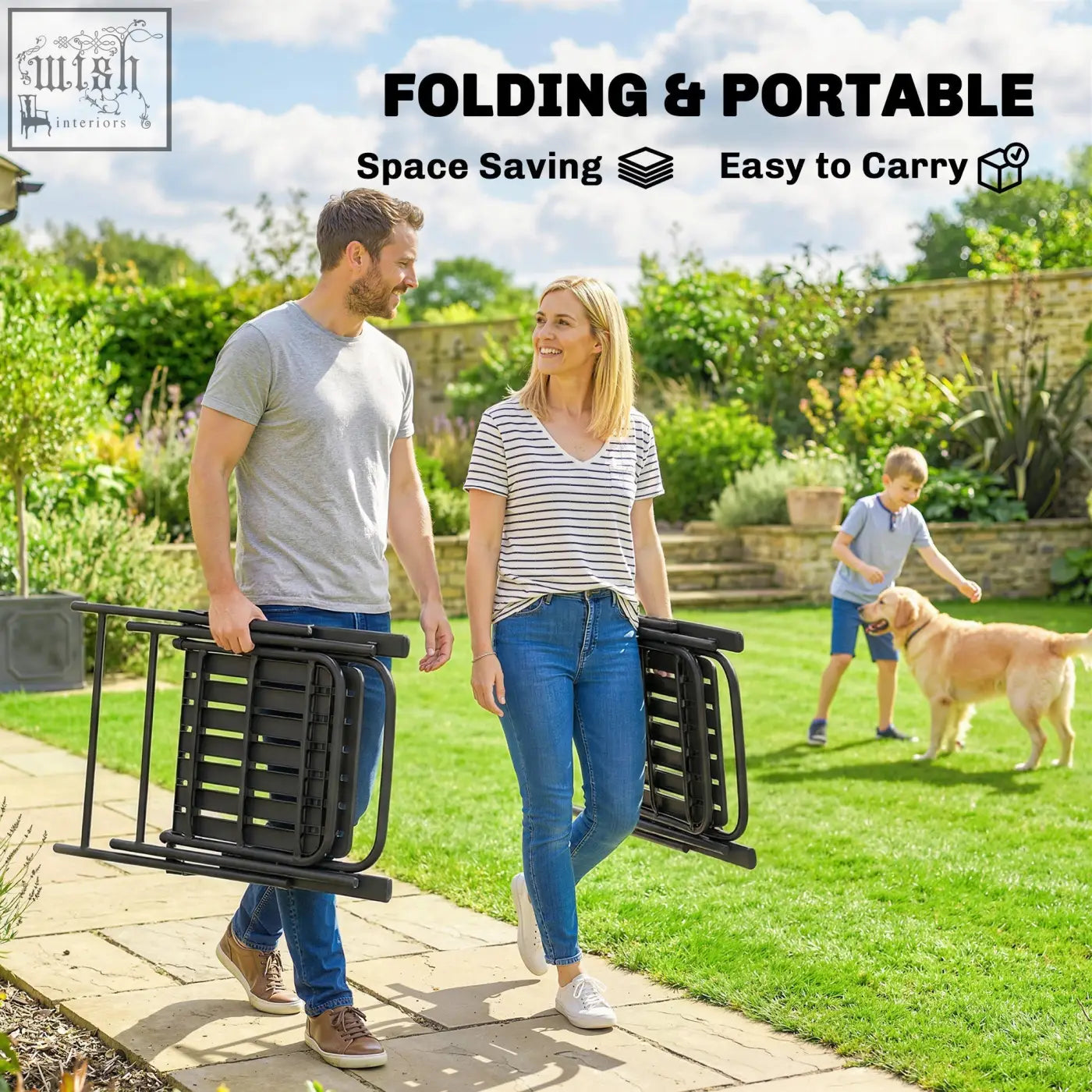Black outsunny folding garden chair with sleek metal frame plastic slatted seat back and armrests for outdoor use