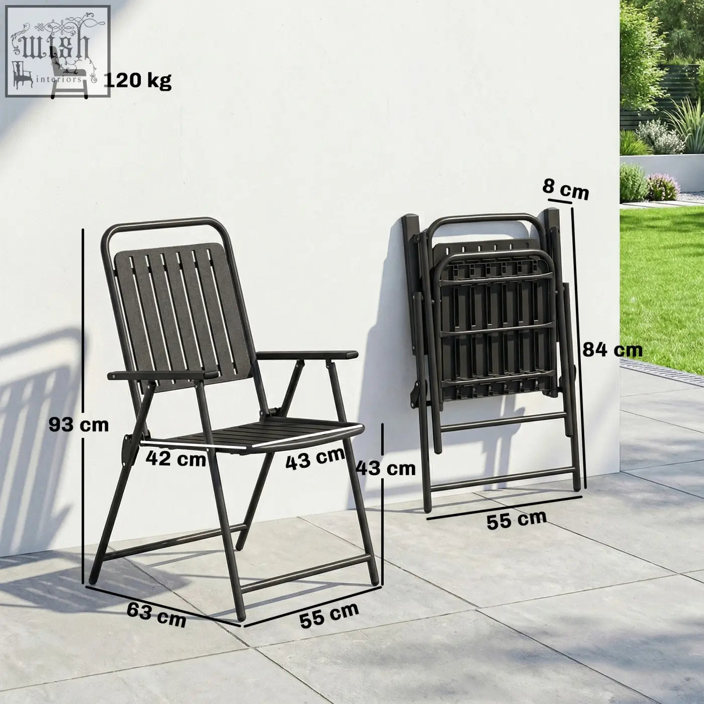 Black outsunny folding garden chair with metal frame and plastic slatted seat and back for outdoor use