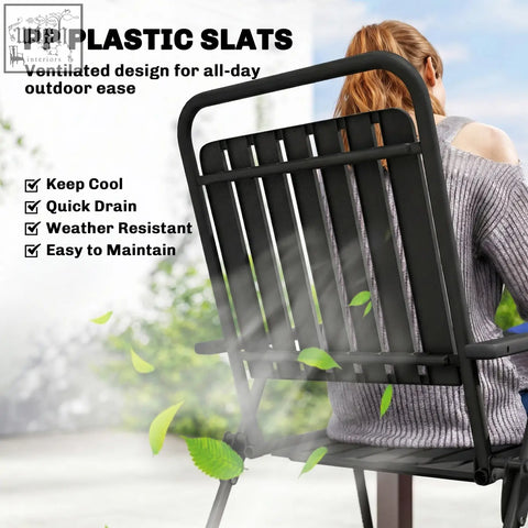 Black outsunny folding garden chair with ventilated plastic slat seat back and weather-resistant steel frame set of 4