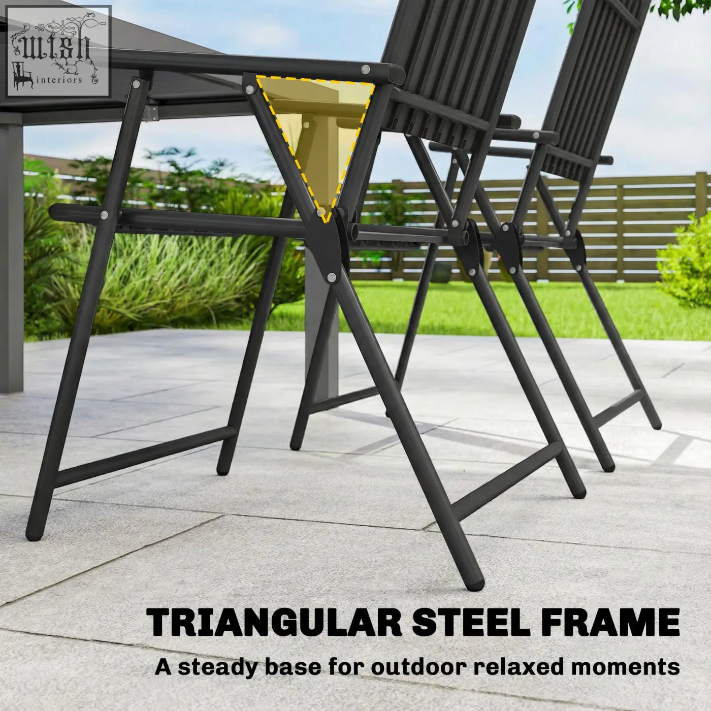 Black outsunny folding garden chair with triangular steel frame and plastic slatted backrest for outdoor use
