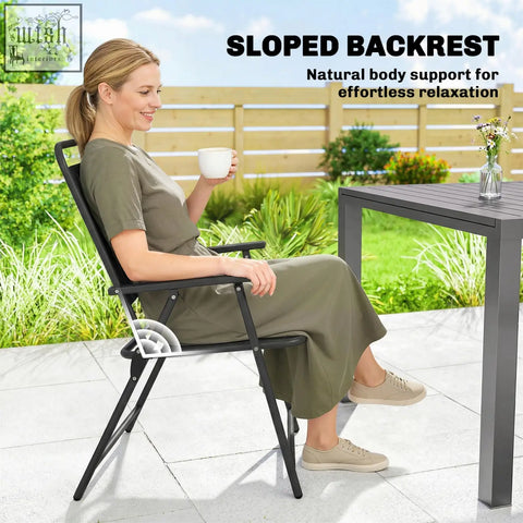 Black outsunny folding garden chair with sloped backrest plastic slatted seat armrests steel frame set of 4
