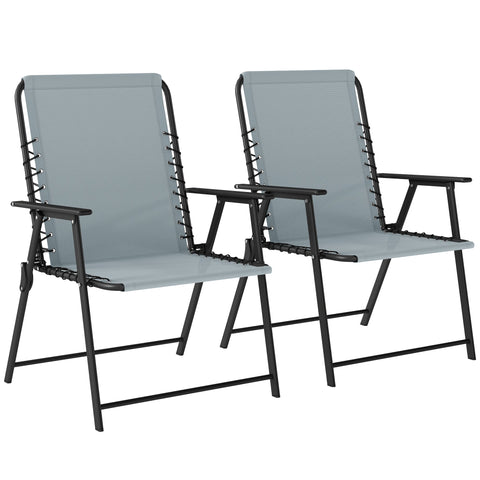 Two matching outsunny folding garden chairs in light grey fabric with black metal frame and elastic bungee ropes