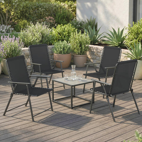 Black outsunny folding garden chairs set of 4 with elastic bungee ropes around a matching table on wooden deck