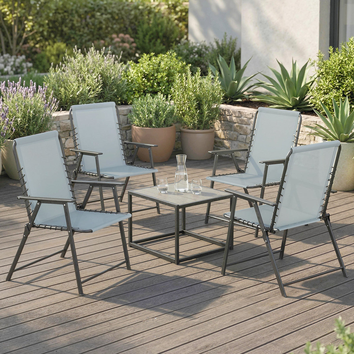 Set of four outsunny light grey fabric garden chairs with black frames and elastic bungee ropes around square table on deck
