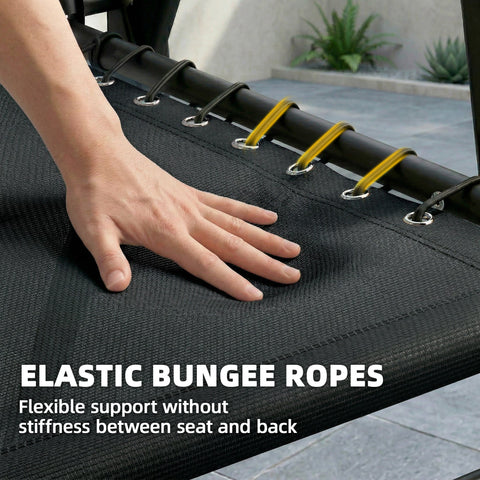 Black mesh fabric garden chairs with yellow elastic bungee ropes securing the frame for outdoor use