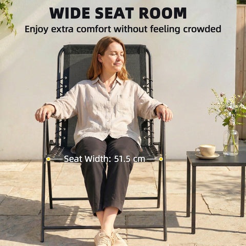 Black mesh reclining garden chair with wide texteline seat metal frame and elastic bungee ropes for outdoor use