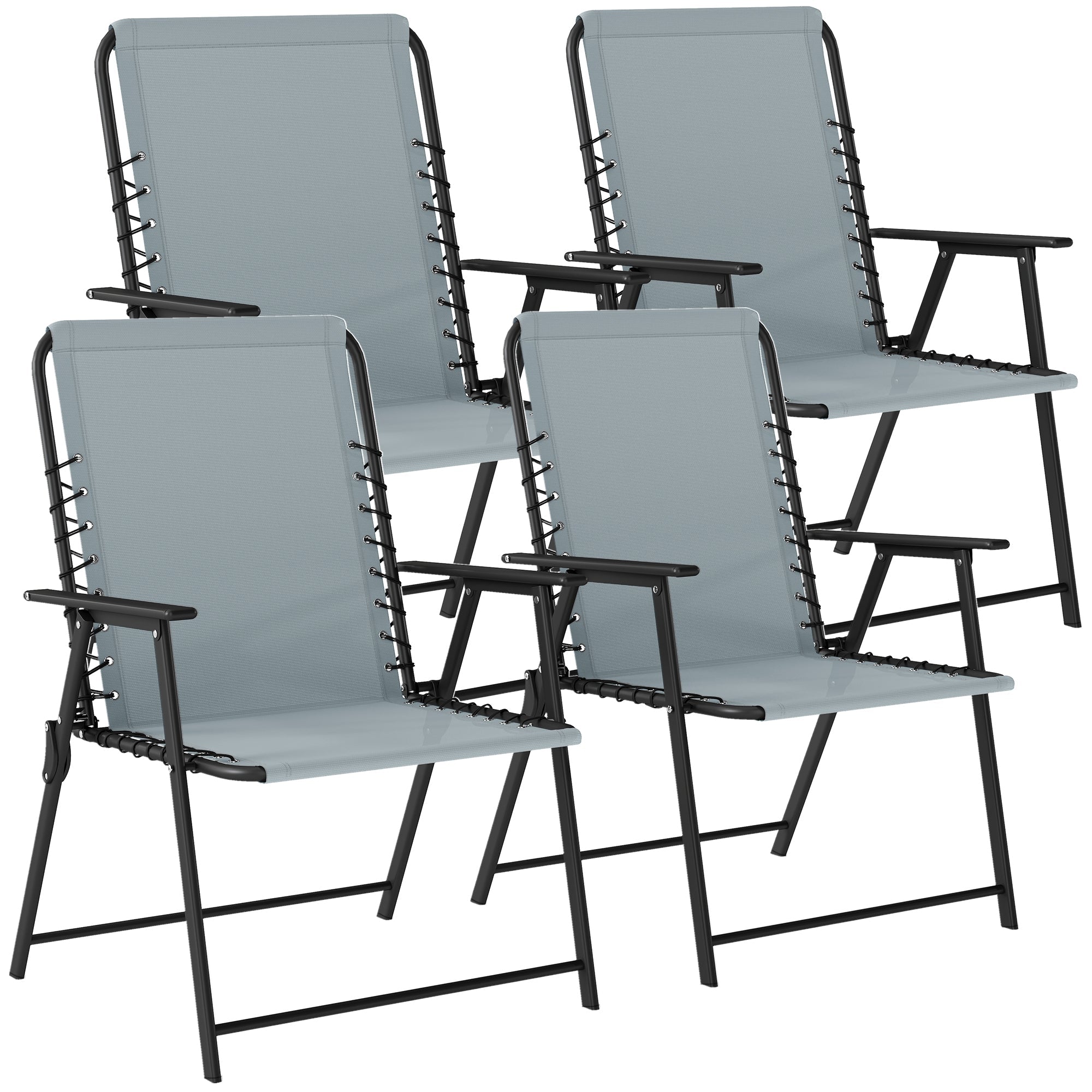 Set of four black-framed outsunny garden chairs with light grey elastic bungee rope seats and high backrests for outdoor use